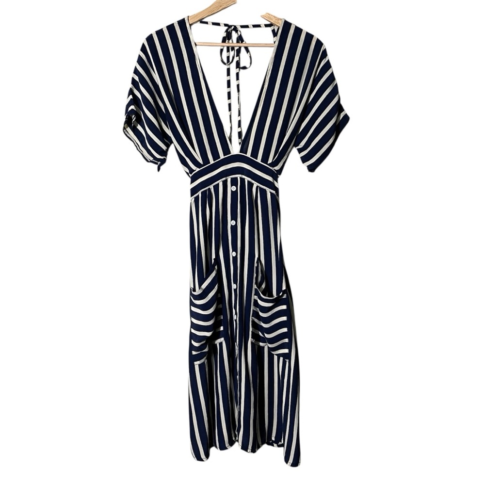 Faithfull the Brand Navy and White Striped Midi Dress
